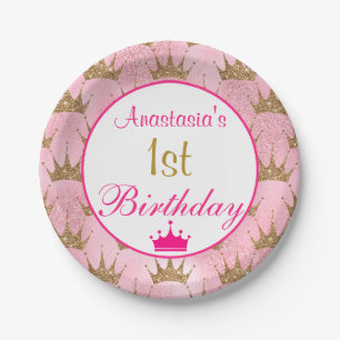 Girly Princess Hot Pink Gold Glitter 1st Birthday Paper Plate