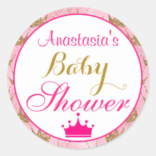 Girly Princess Hot Pink & Gold Glitter Baby Shower Classic Round Sticker