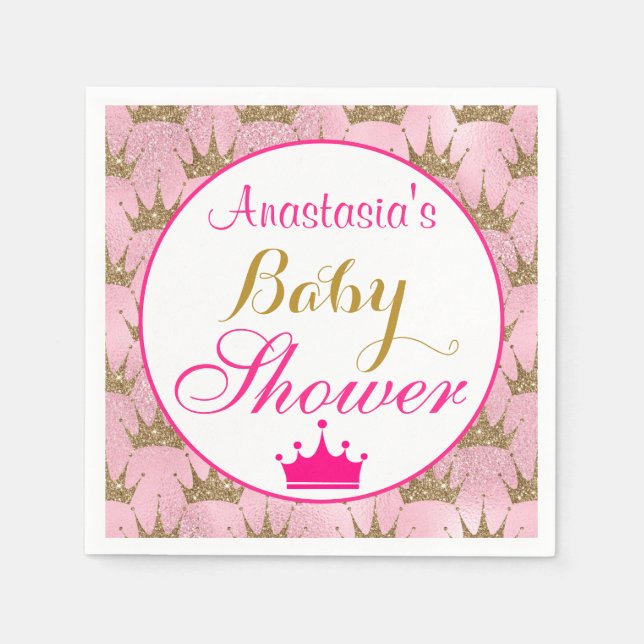 Girly Princess Hot Pink & Gold Glitter Baby Shower Napkin (Front)