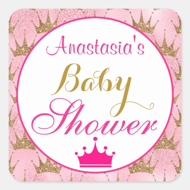 Girly Princess Hot Pink & Gold Glitter Baby Shower Square Sticker (Front)