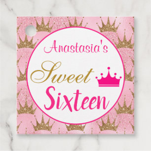 Girly Princess Hot Pink Gold Glitter Sweet Sixteen Favour Tags