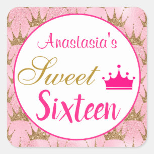 Girly Princess Hot Pink Gold Glitter Sweet Sixteen Square Sticker