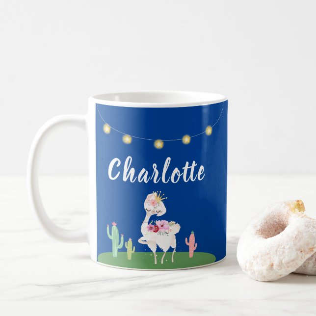 Girly Princess Llama Floral Cactus Kids Coffee Mug (With Donut)