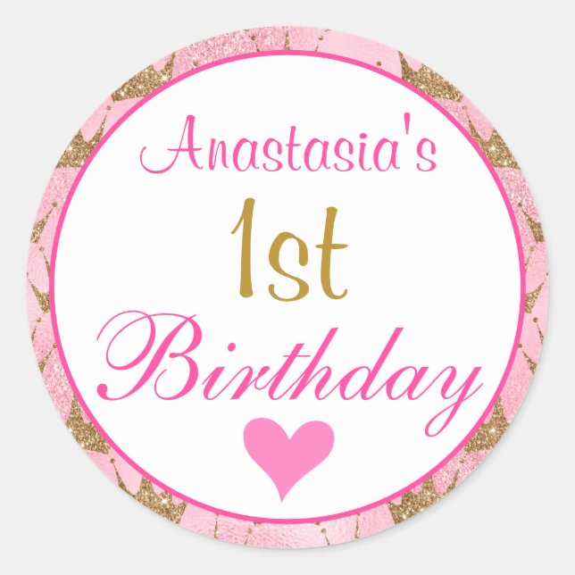 Girly Princess Pink and Gold Glitter 1st Birthday Classic Round Sticker (Front)