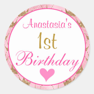 Girly Princess Pink and Gold Glitter 1st Birthday Classic Round Sticker