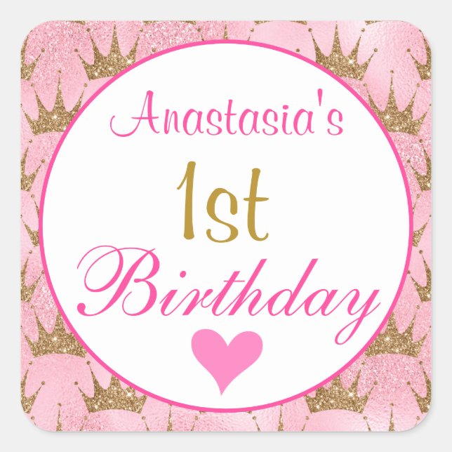 Girly Princess Pink and Gold Glitter 1st Birthday Square Sticker (Front)
