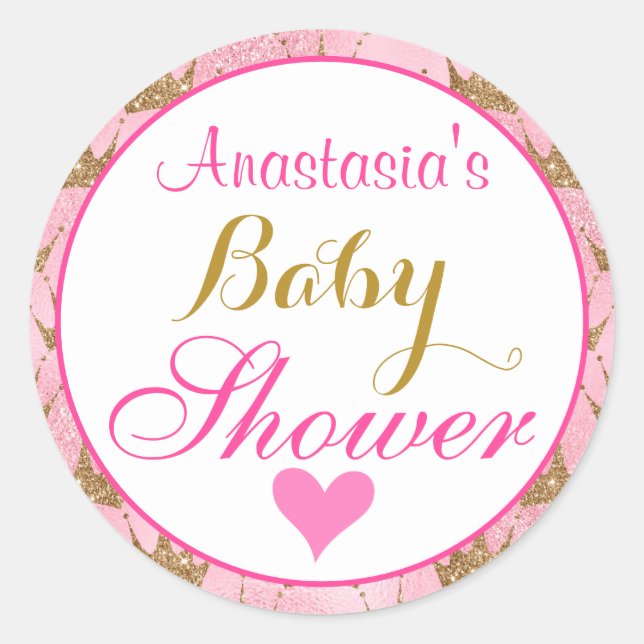 Girly Princess Pink and Gold Glitter Baby Shower Classic Round Sticker (Front)