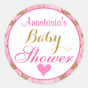 Girly Princess Pink and Gold Glitter Baby Shower Classic Round Sticker