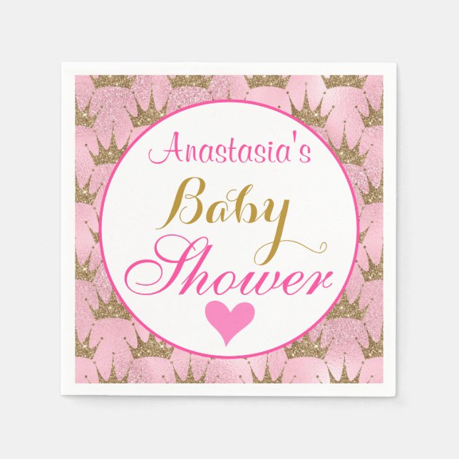 Girly Princess Pink and Gold Glitter Baby Shower Napkin (Front)