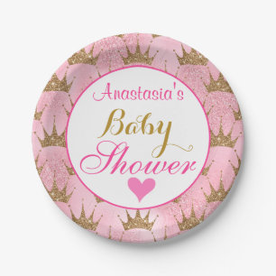Girly Princess Pink and Gold Glitter Baby Shower Paper Plate