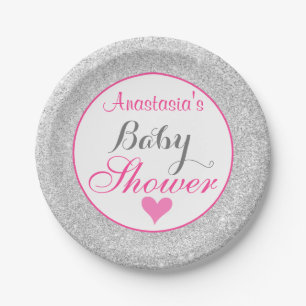 Girly Princess Pink and Silver Glitter Baby Shower Paper Plate
