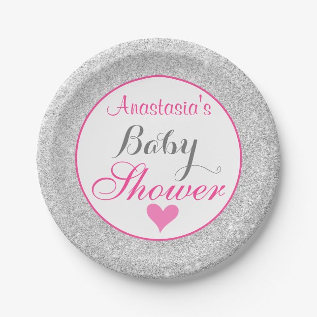 Girly Princess Pink and Silver Glitter Baby Shower Paper Plate (Front)