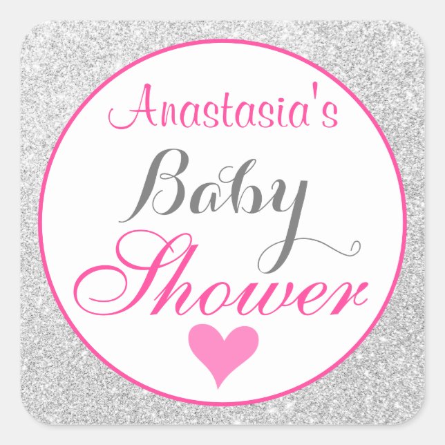 Girly Princess Pink and Silver Glitter Baby Shower Square Sticker (Front)