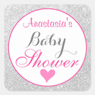 Girly Princess Pink and Silver Glitter Baby Shower Square Sticker