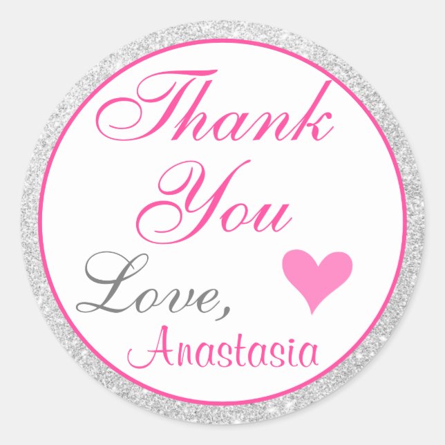 Girly Princess Pink and Silver Glitter Thank You Classic Round Sticker (Front)