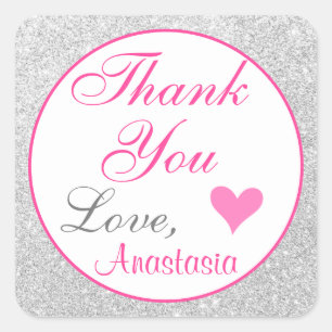 Girly Princess Pink and Silver Glitter Thank You Square Sticker