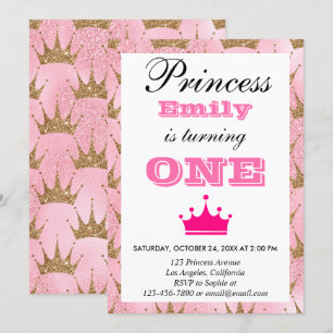 Girly Princess Pink & Gold Glitter First Birthday Invitation