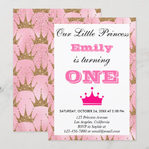 Girly Princess Pink & Gold Glitter First Birthday Invitation