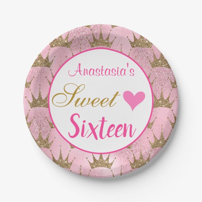 Girly Princess Pink Gold Glitter Sweet Sixteen 16 Paper Plate (Front)