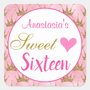 Girly Princess Pink Gold Glitter Sweet Sixteen 16 Square Sticker