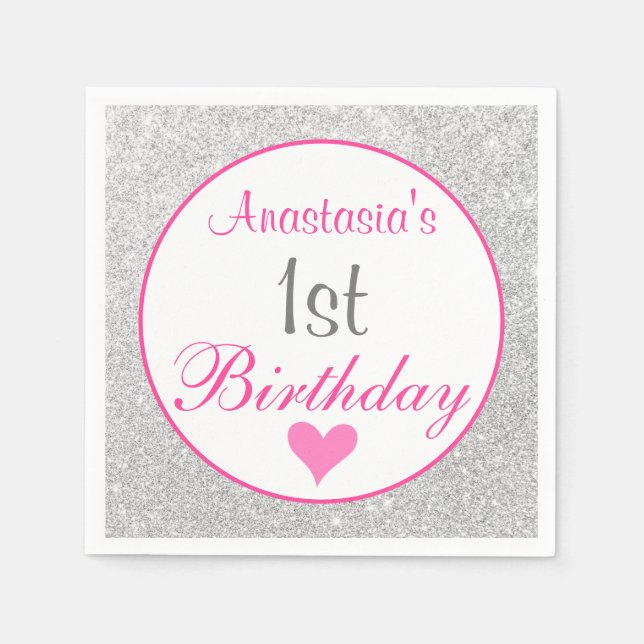 Girly Princess Pink & Silver Glitter 1st Birthday Napkin (Front)