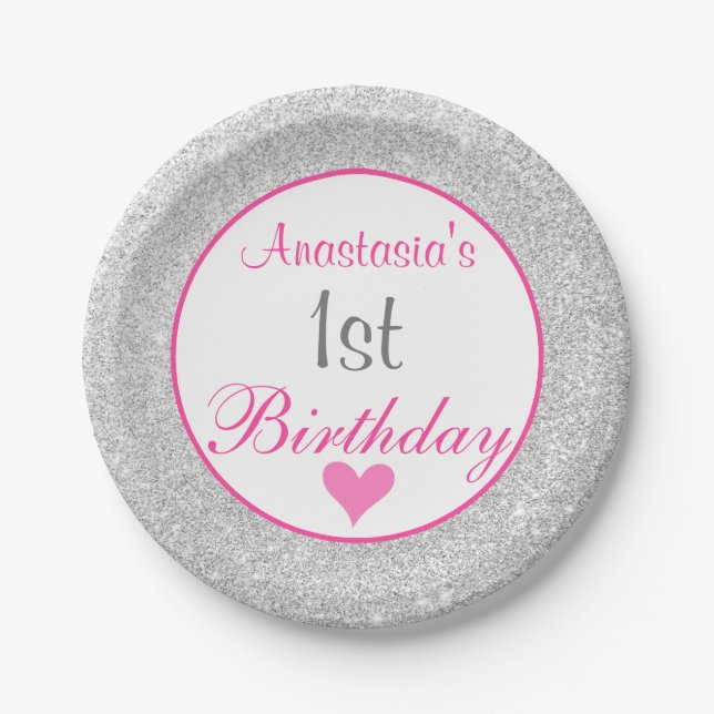 Girly Princess Pink & Silver Glitter 1st Birthday Paper Plate (Front)