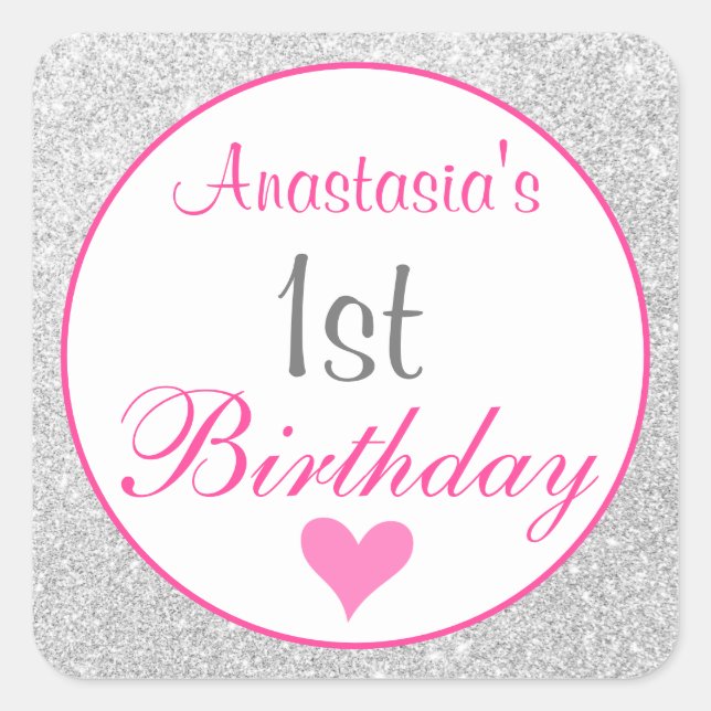 Girly Princess Pink & Silver Glitter 1st Birthday Square Sticker (Front)