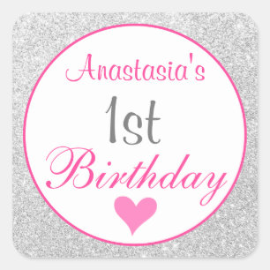 Girly Princess Pink & Silver Glitter 1st Birthday Square Sticker