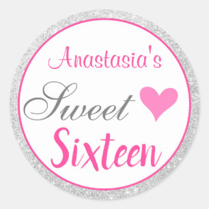 Girly Princess Pink & Silver Glitter Sweet Sixteen Classic Round Sticker