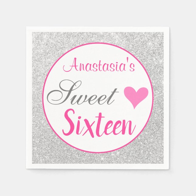 Girly Princess Pink & Silver Glitter Sweet Sixteen Napkin (Front)