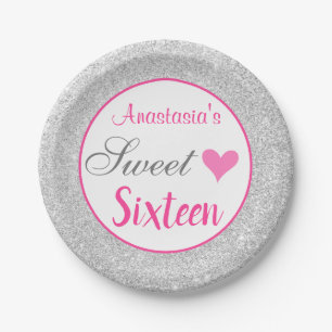 Girly Princess Pink & Silver Glitter Sweet Sixteen Paper Plate