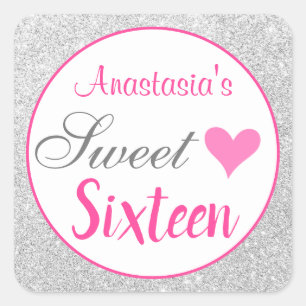 Girly Princess Pink & Silver Glitter Sweet Sixteen Square Sticker