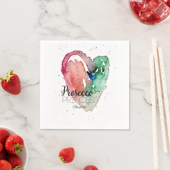 Girly 'Prosecco Princess'  Watercolor Heart Napkin (Insitu)