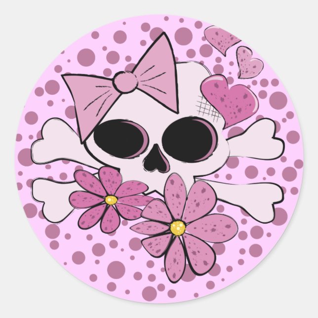 Girly Punk Skull Classic Round Sticker (Front)