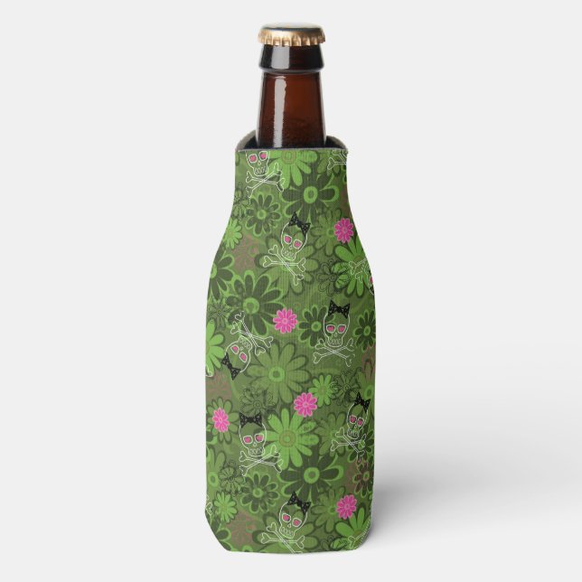 Girly Punk Skulls on Flower Camo background Bottle Cooler (Bottle Front)