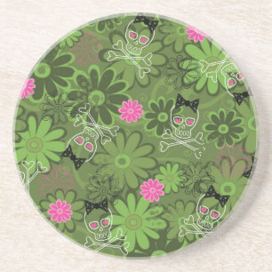Girly Punk Skulls on Flower Camo background Coaster