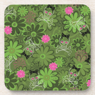 Girly Punk Skulls on Flower Camo background Coaster