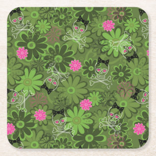 Girly Punk Skulls on Flower Camo background Square Paper Coaster