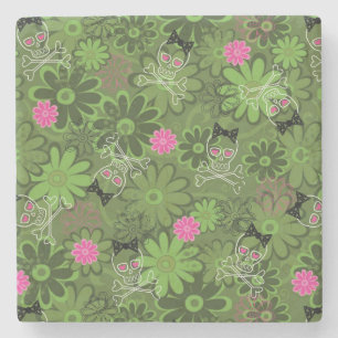 Girly Punk Skulls on Flower Camo background Stone Coaster