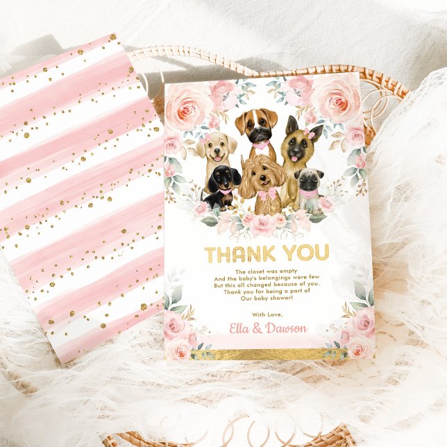 Girly Puppy Baby Shower Blush Pink Floral Dogs Thank You Card (Creator Uploaded)