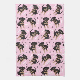 Girly Puppy Paw Print Dog Bone Pattern Pink Tea Towel