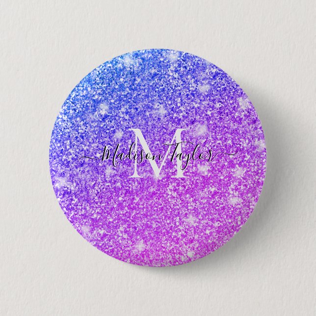 Girly Purple and Pink Glitter Monogram Name    6 Cm Round Badge (Front)