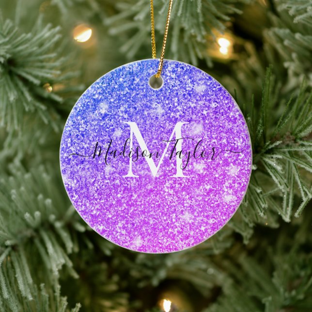 Girly Purple and Pink Glitter Monogram Name        Ceramic Tree Decoration (Tree)