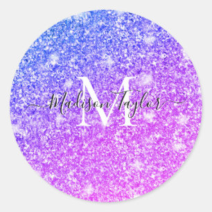 Girly Purple and Pink Glitter Monogram Name    Cla Classic Round Sticker