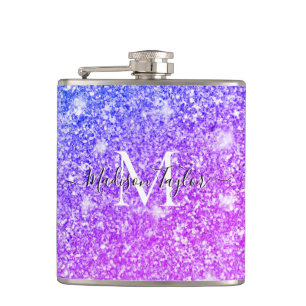 Girly Purple and Pink Glitter Monogram Name    Hip Flask