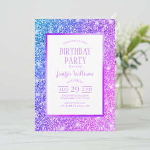 Girly Purple and Pink Glitter Monogram Name Invitation