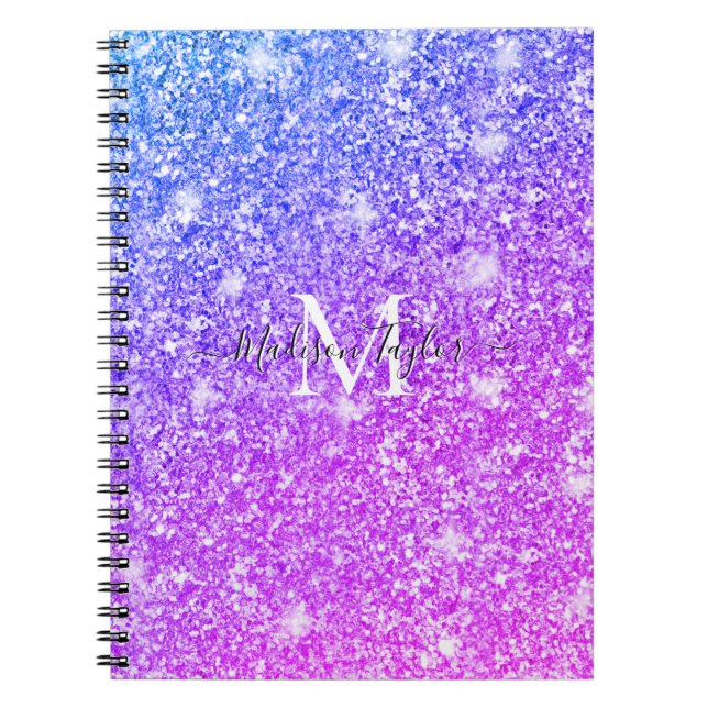 Girly Purple and Pink Glitter Monogram Name    Notebook (Front)