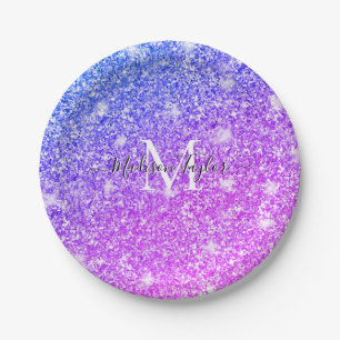 Girly Purple and Pink Glitter Monogram Name    Paper Plate