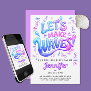 Girly Purple And Pink Surfer Waves Splish Splash Invitation