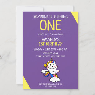 Girly Purple and Yellow Cute Unicorn 1st Birthday Invitation